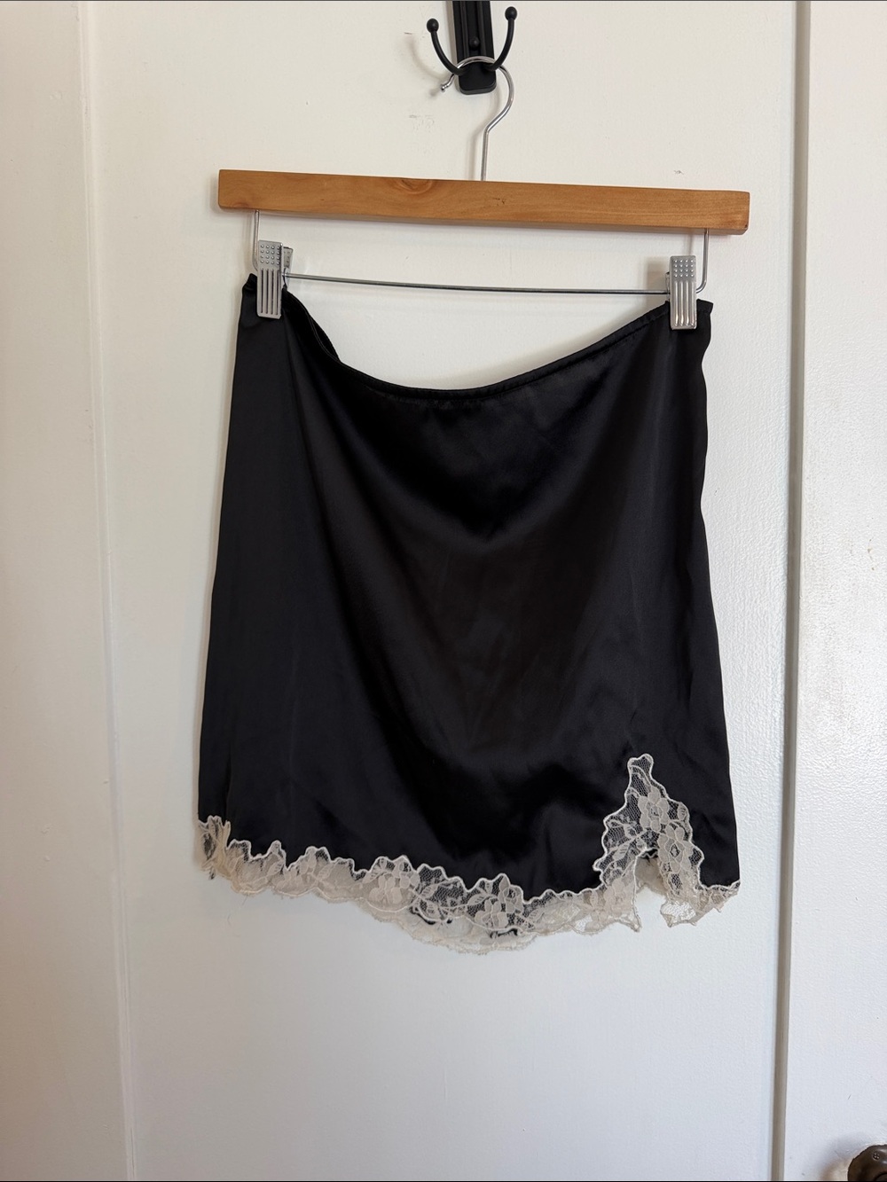 Urban Outfitters Black Mini Slip Skirt with Cream Lace Trim